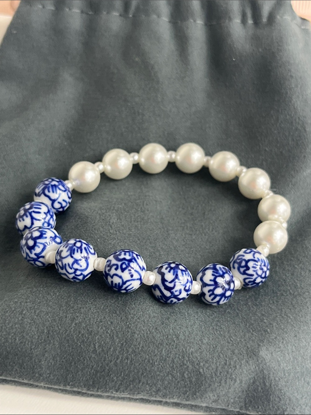 Blue & White Floral Porcelain and Pearl Stretch Bracelet